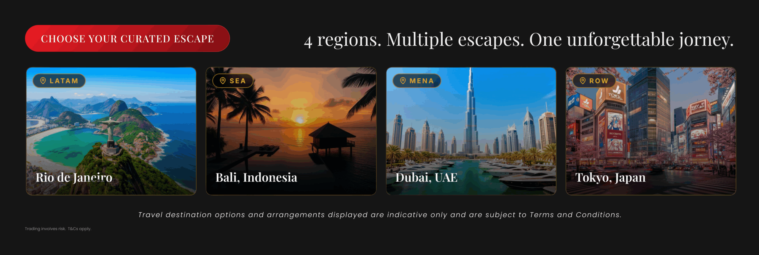 Million Dollar Club travel destinations showing Rio de Janeiro, Bali, Dubai, and Tokyo.