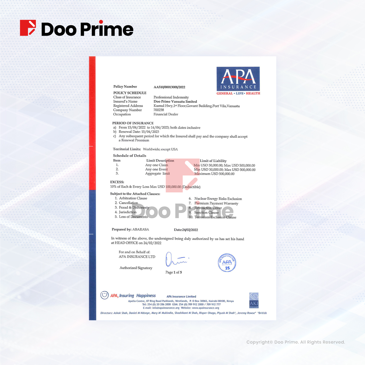 Doo Prime 续签专业责任赔偿保险(PII),多重保障守护客户资金安全